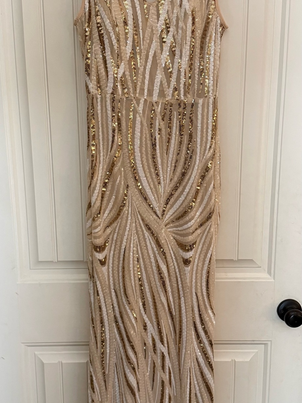 Beaded Sequin Evening Gown in Champagne Gold